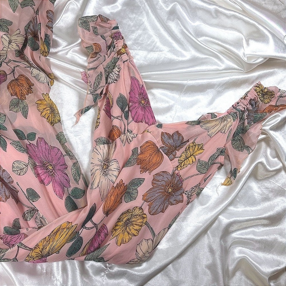 y2k Angie Maxi Dress Pink Excellent Floral Ruffle V-Neck Boho Rayon XS